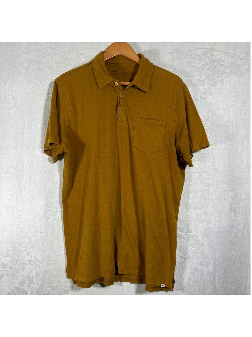 Pact Polo Shirt Large Gold Tan 100% Organic Cotton Golf Classic Prep Sustainable